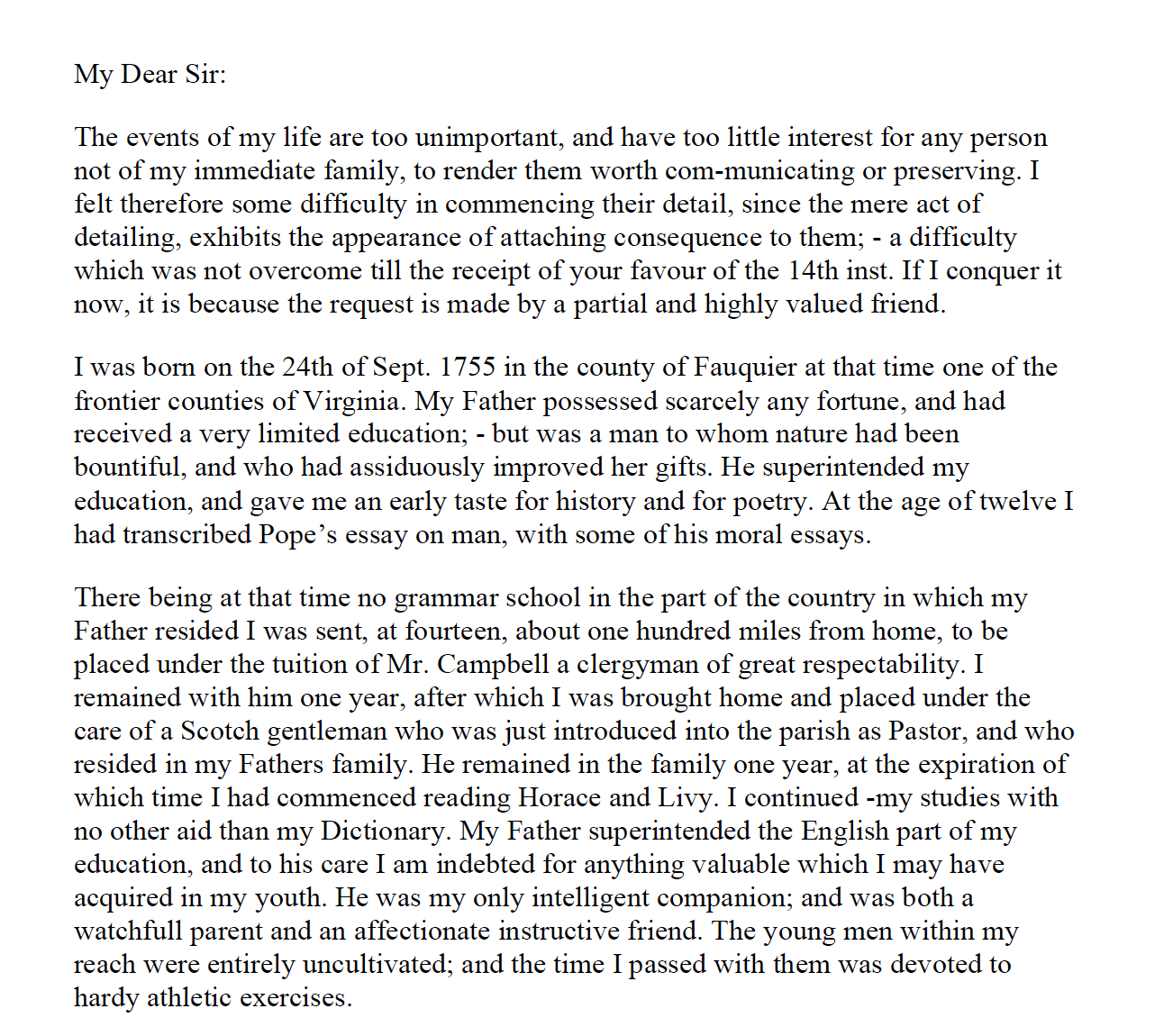 The first page of John Marshall's Autobiographical Letter